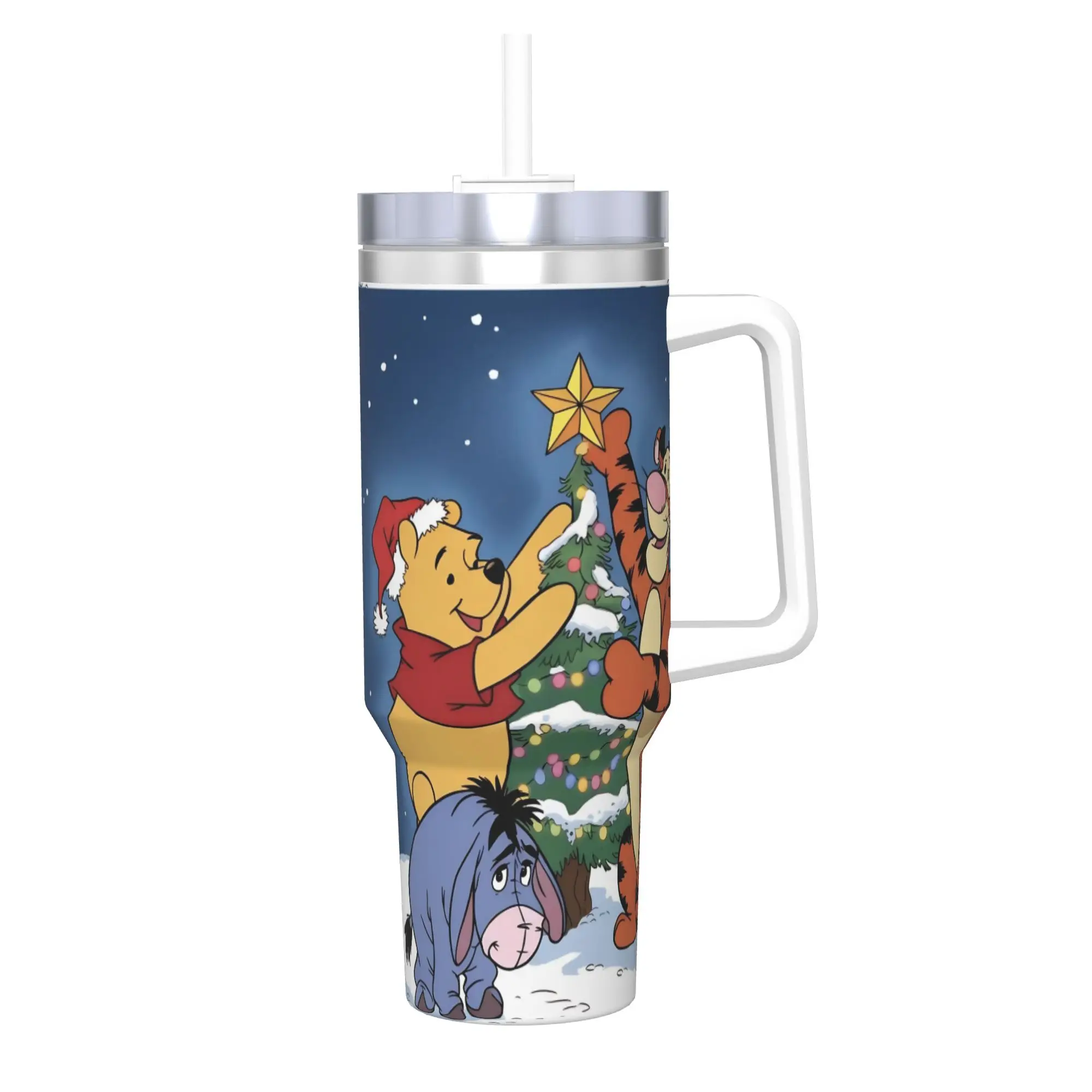 

40oz Winnie the Pooh Merry Christmas Vacuum Insulated Tumbler Cartoon with Handle Mug School Ergonomic Straw Lid Cup Thermal