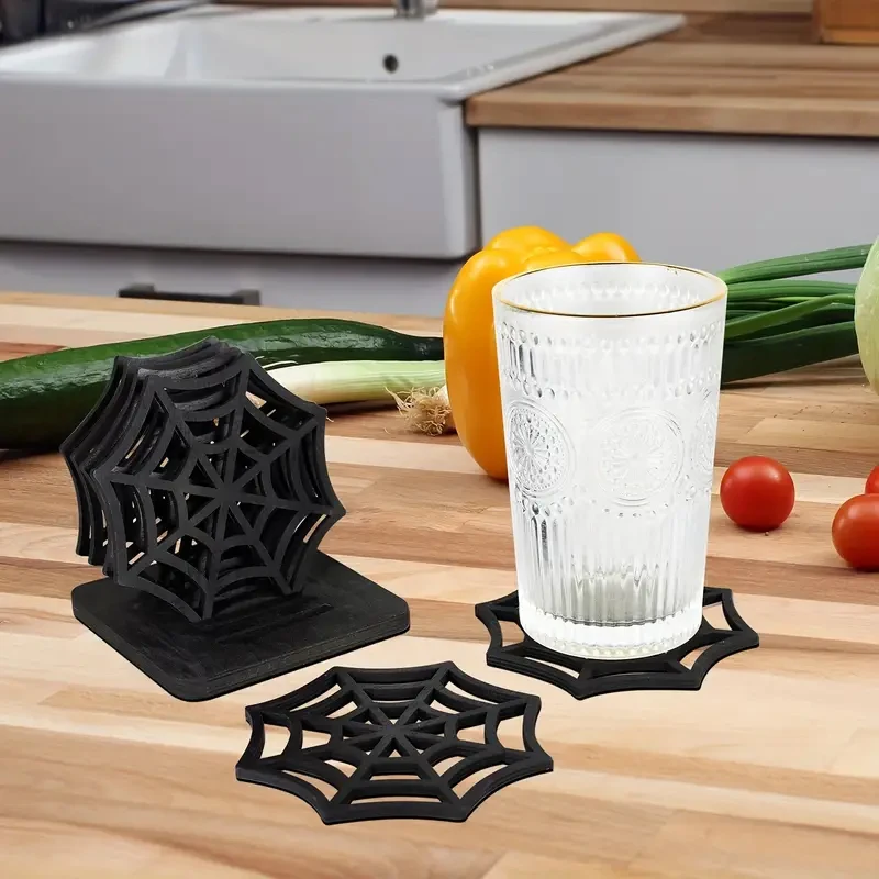 Spider Coaster Spider Web Hollow Wooden Coasters Kitchen Anti-scald Insulated Placemat Halloween Gifts