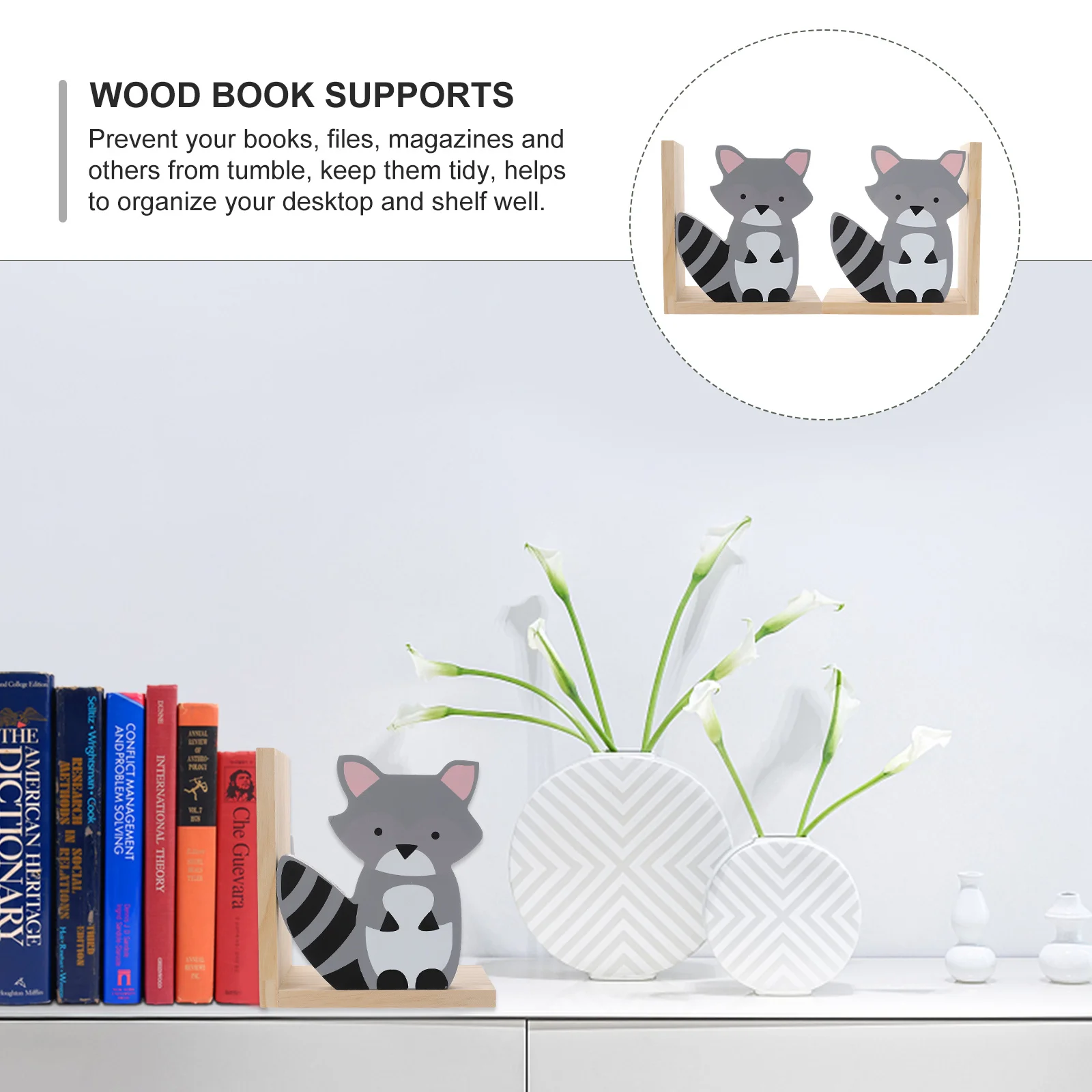 

1 Pair Wooden Bookends Raccoon Shape Desktop Organizer For Home Office Book Stoppers Animal Design Bookends Decor Shelves