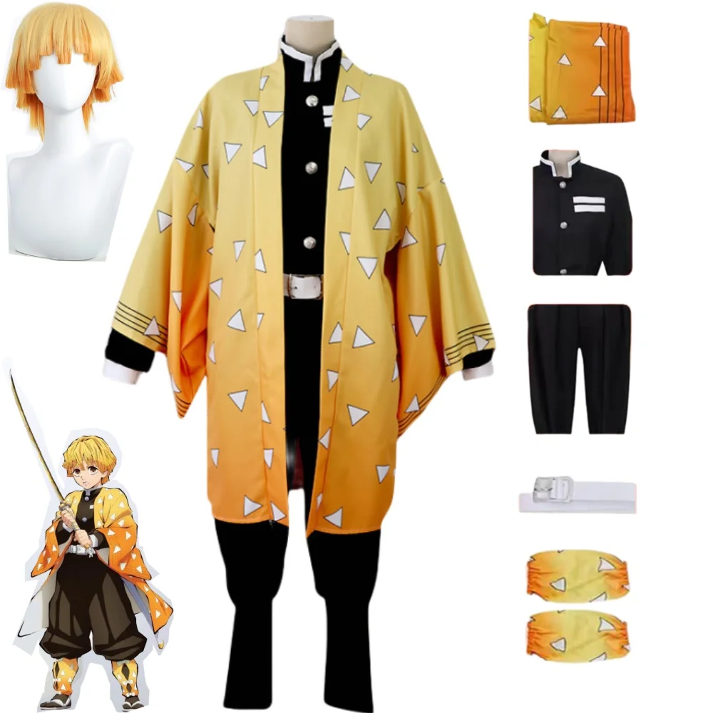 Agatsuma Zenitsu Cosplay Costumes Anime Demon Slayer Kimetsu No Yaiba Adult Kids Cosplay Costume Wig Men Yellow Kimono