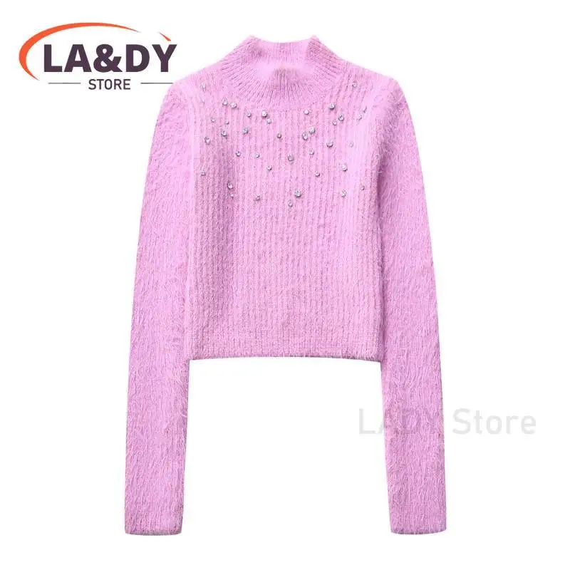 Knitted Sweater Women 2024 Autumn Winter Fashion Diamond Loose Round Neck Female Solid Color Casual Long Sleeve Tops Pullovers