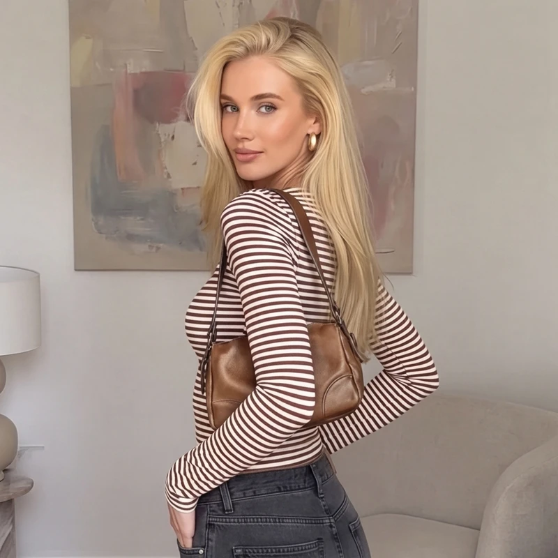 Hugcitar Gestreiftes Crop-Top mit Quadratischem Kragen und Langen Ärmeln, Sexy Damen-Mode-Outfit für Herbst, Streetwear, Party-T-Shirts, Großhandel – Detail 14
