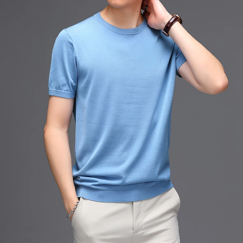 Summer Men's Short Sleeve High-End  Blended T-shirt round Neck Korean Casual Breathable T-shirt Top Men