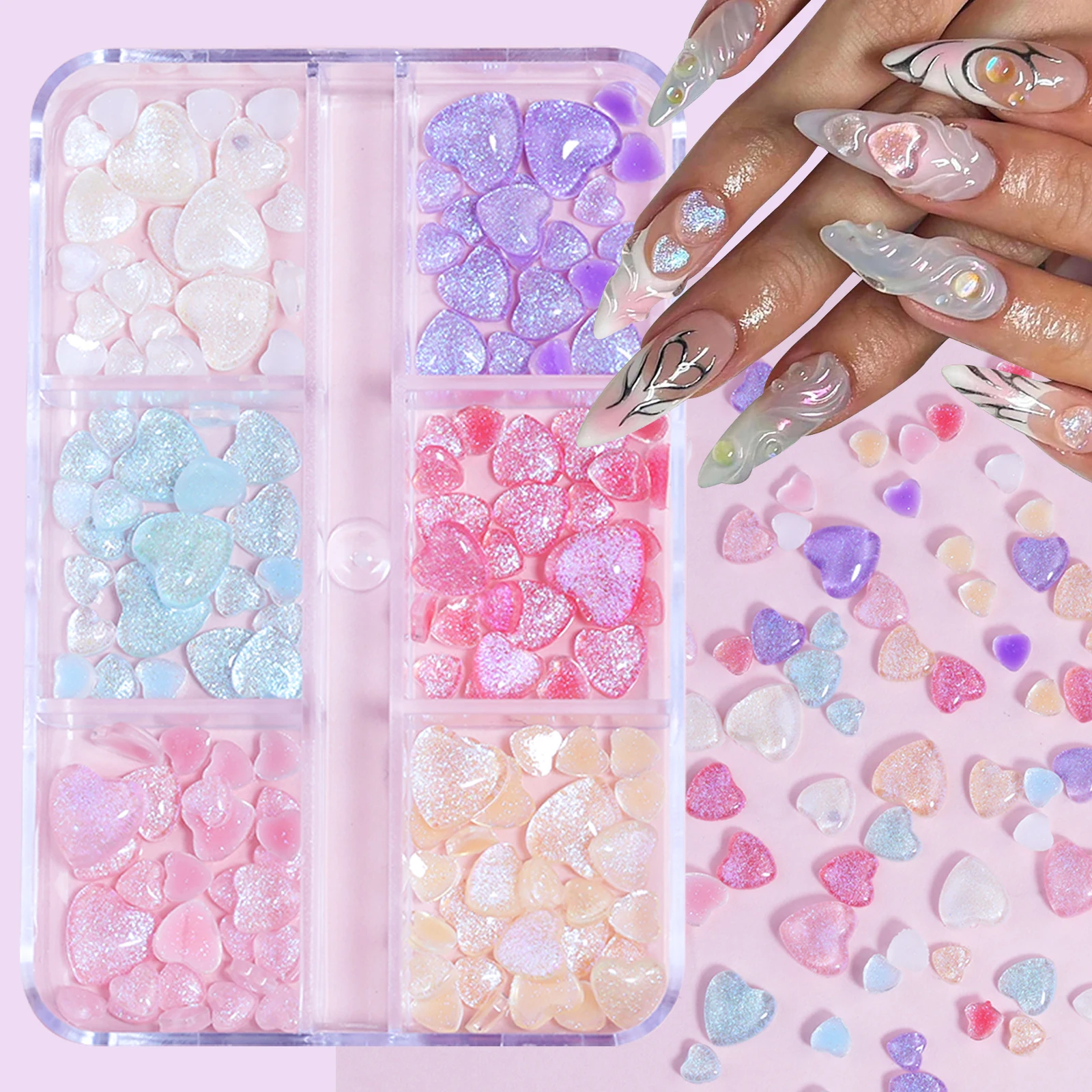 Nails Art Decorations Accessories for Decorative Pink transparent heart Parts Box Kawaii Supplies Professionals Manicure Sets