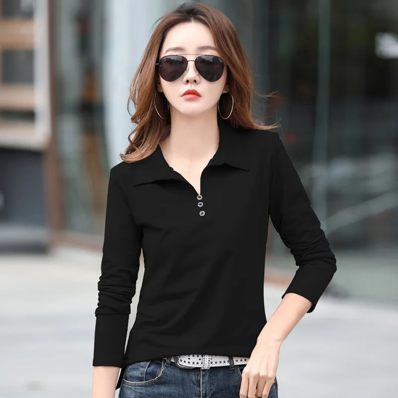 Spring and Autumn Long Sleeve Women\'s T-shirt Polo Bottom Shirt Women\'s Casual Lapel Body Shirt with Collar Ladies T-Shirt Tops