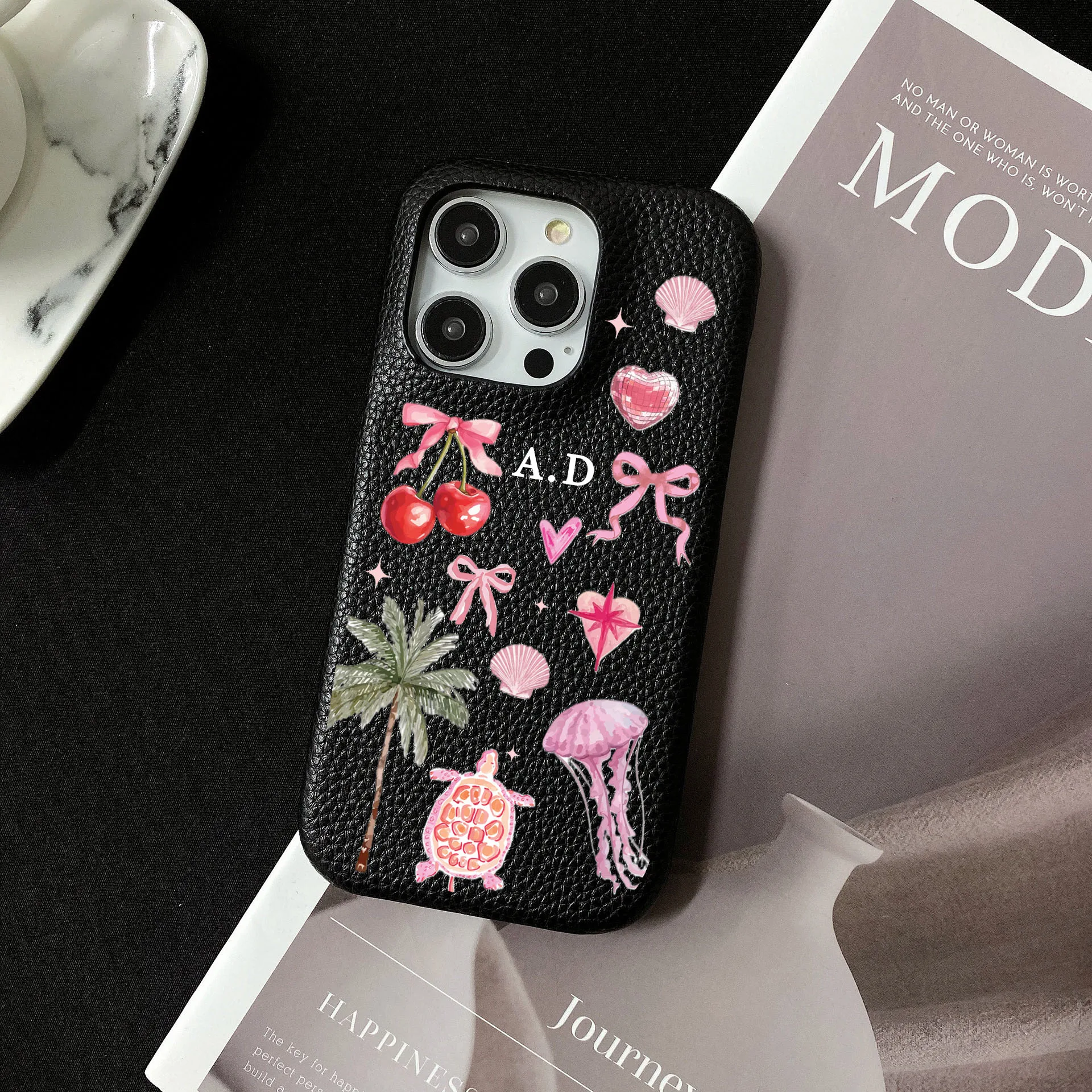 Custom Initials Brick Saffiano Vegan PU Leather Turtle Case for iphone 15 14 13 11 12 Pro Max 14Plus XR XS Max Case Luxury Cover