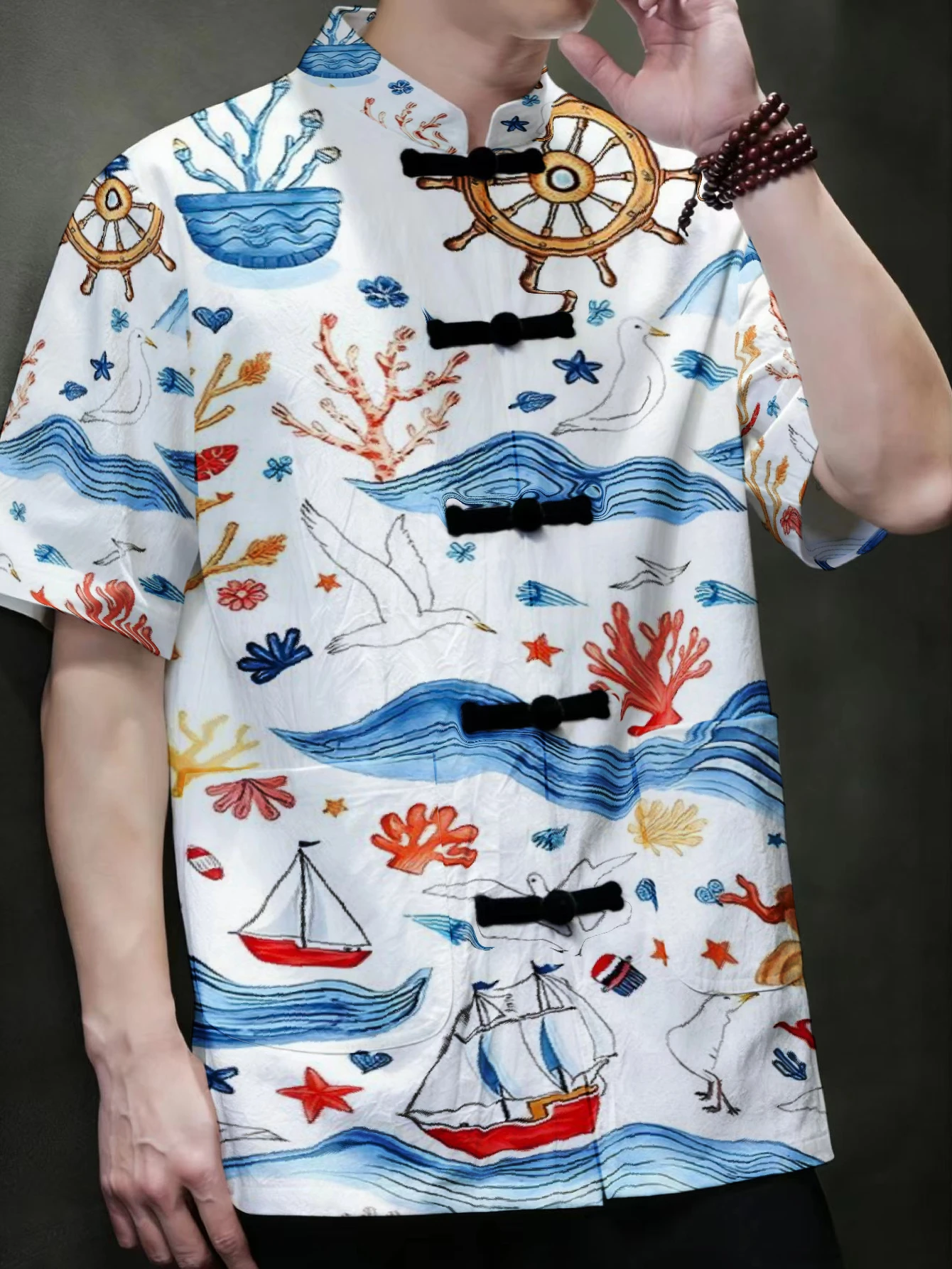 Men Men Mandarin Collar Frog Button Short Sleeve Shirt Ocean Nature Animal Print Oriental Casual Top With Front Pockets - Aliexpress Deal