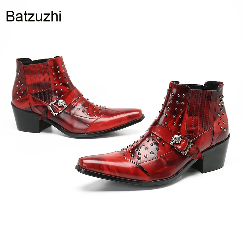 

Batzuzhi Pointed Toe Short Ankle Boots Men 6.5cm High Heels Buckles Rivets Slip-on Wine Red Party/Wedding Boots, Sizes US6-US13