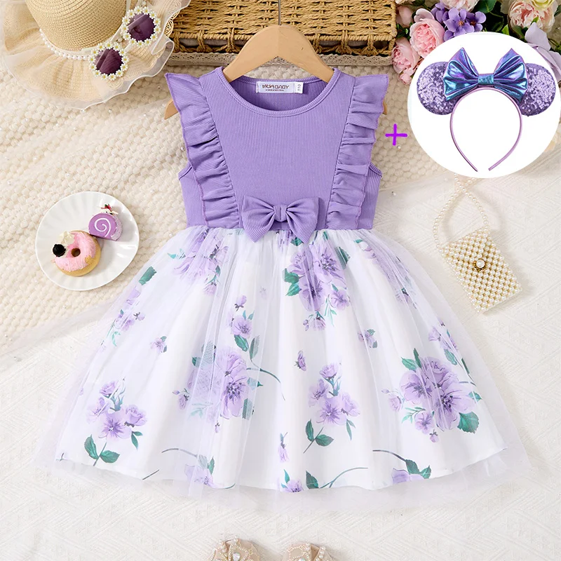 

Фиолетовое повседневное сетчатое платье для малышей для девочек, детское фиолетовое платье без рукавов с цветочным принтом, детское джинсовое платье с цветочным принтом