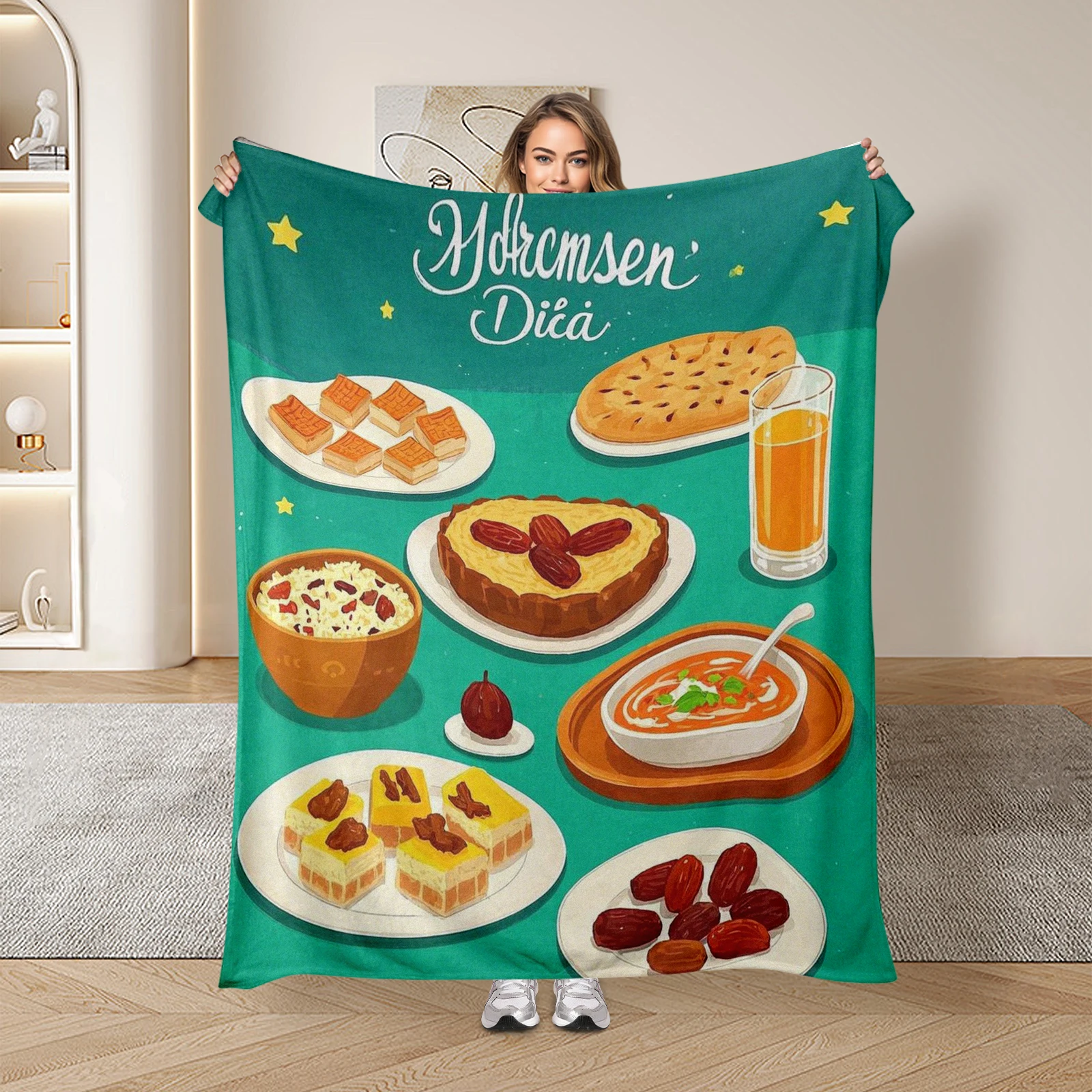 Cartoon Styled Traditional Foods Dates And Juice Decorated Mid East Ramadan Festival Blanket Unique Gift