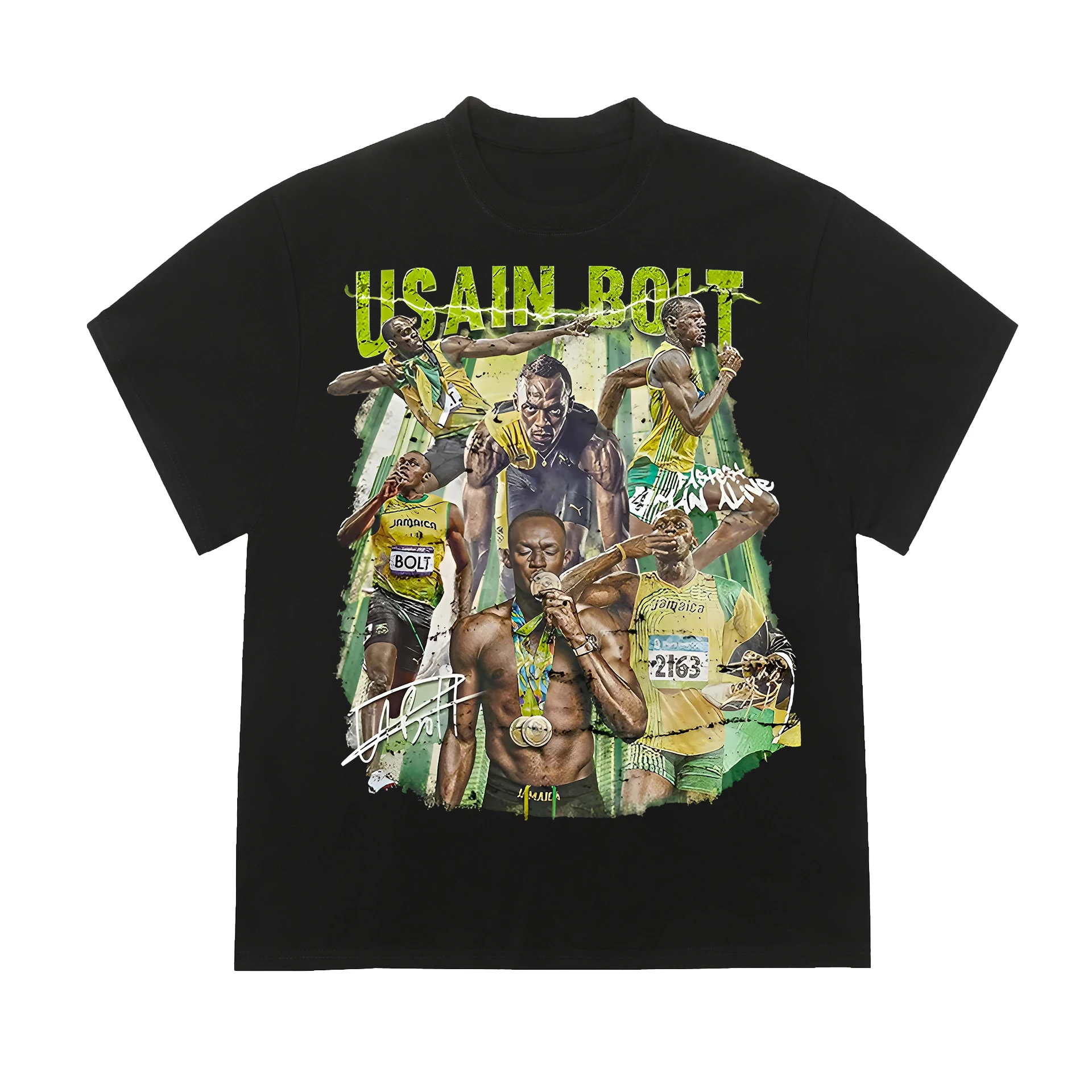 

New summer short-sleeved men's and women's T-shirts Jamaican track and field athletes vintage printed cotton short-sleeved Tees
