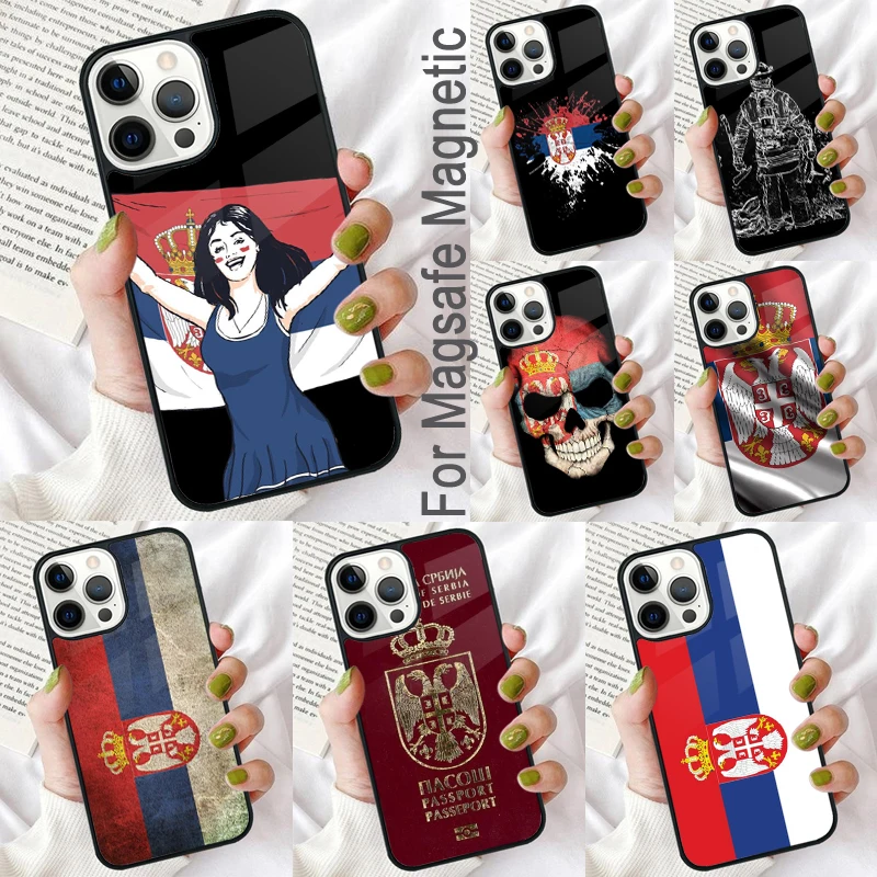 

Мягкий Магнитный чехол с флагом Сербии для iPhone 16 Promax 15 Pro 13 14 Plus 11 12 Mini MagSafe Coque