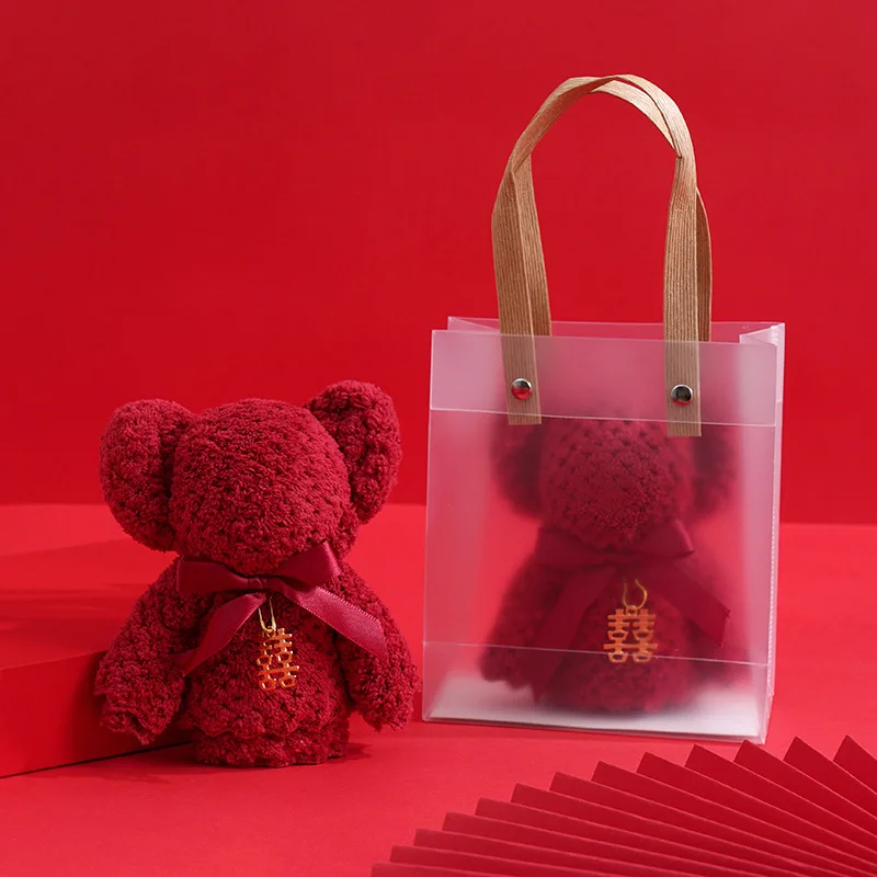 red-wedding-towel-favour-practical-bear-design-creative-small-gift-for-bridesmaids-chinese-character-'joy'-ideal-wedding-souv