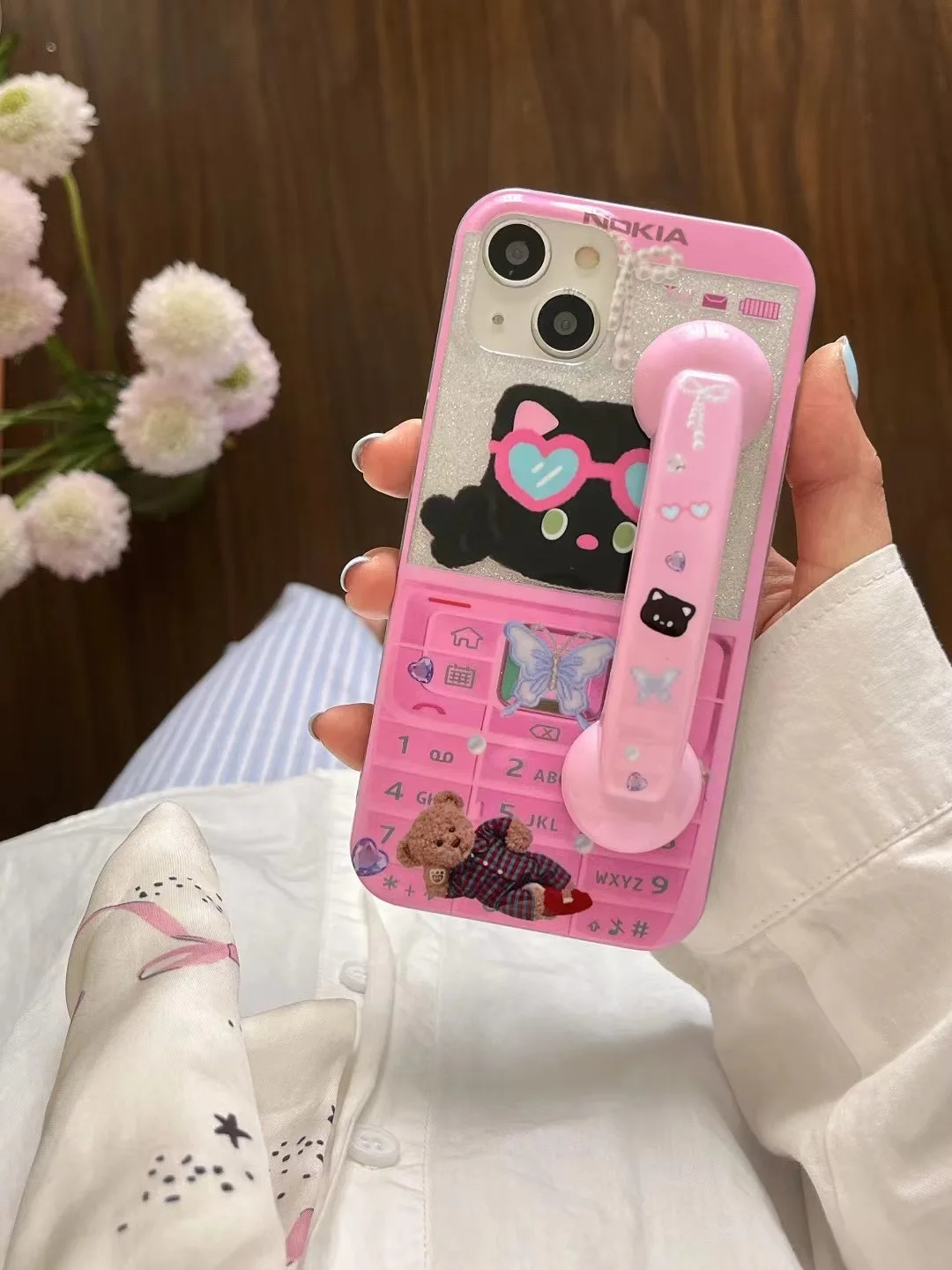 Cute Hello Kitty Luxury Glitter Stand Case For iPhone 15 14 13 12 Pro Max Cartoon Handle Big Brother Mobile Phone Case