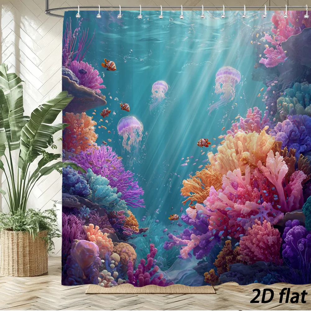 Vibrant Underwater Coral Reef Scene Shower Curtain - Tropical Ocean Life Bathroom Decor