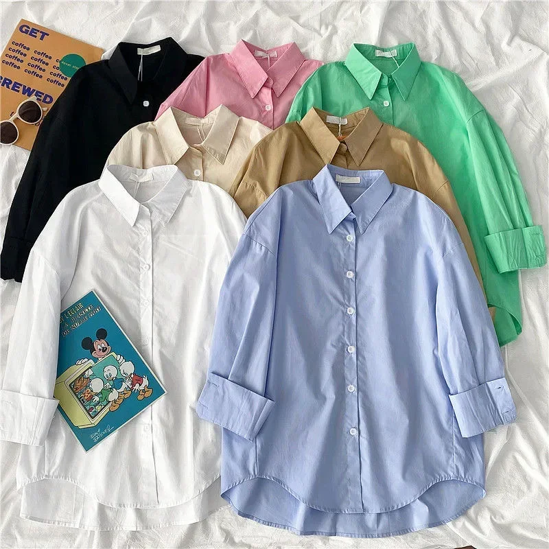 

Women Blouses Office Lady Tops Pink White Blue Button Up Long Sleeve Shirt Female 2022 New Spring Korean Fashion Shirts Mujer