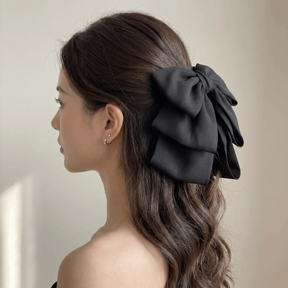 Wide Grip Oversized Bow Hair Claw Sturdy Durable Long-Lasting Hair Accessories Non-Slip Pure Black Hair Clamp Daily
