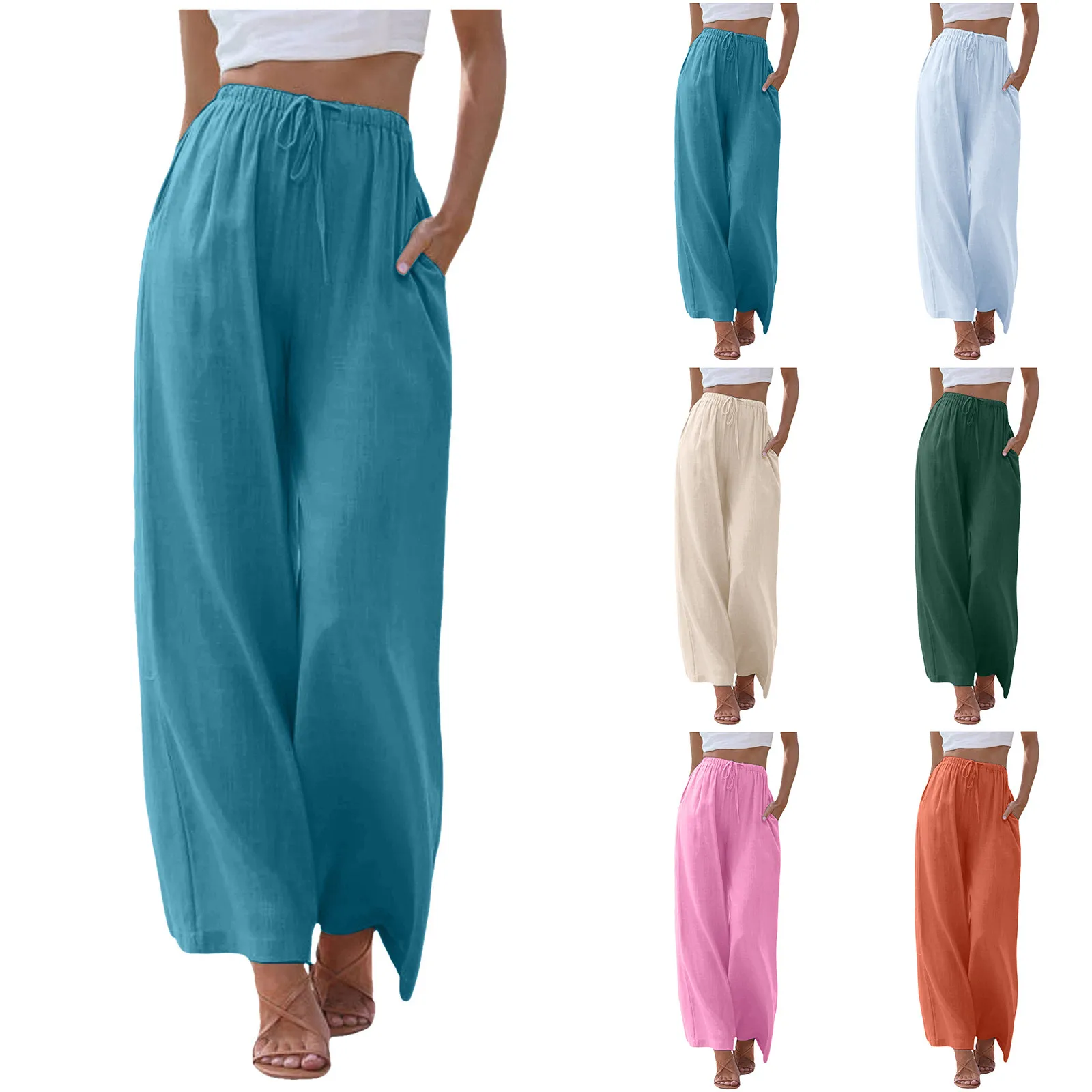 Women High Waisted Wide Leg Pants Drawstring Elastic Trousers Solid Straight Cotton Linen Pants Summer Casual Pants For Women