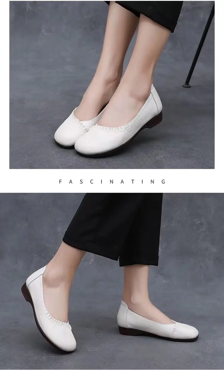 Elegante Damen-Ballerinas aus Leder mit Raffung, Bequeme Flache Slip-on Schuhe, Lässige Büro-Flats für Damen – Detail 3