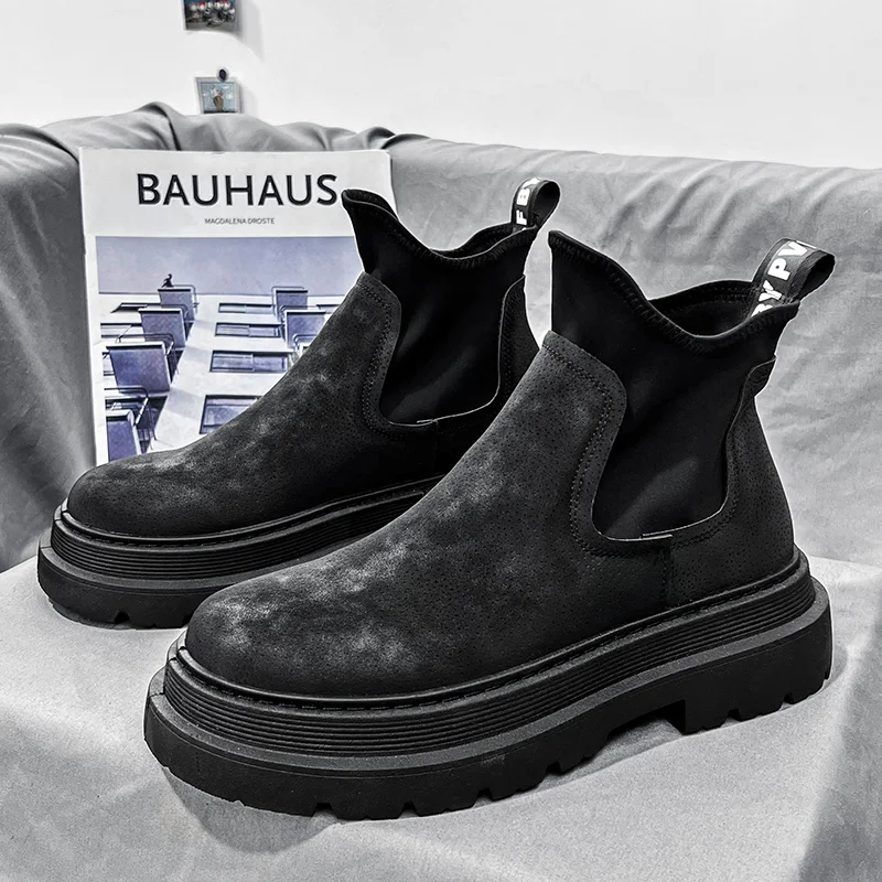 Men's Slip On Short Ankle Boots Thick Sole Vintage Distressed Casual Leather Shoes Autumn Winter Daily Footwear Size 39-44