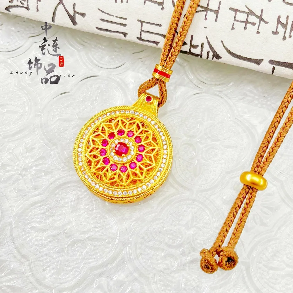 Diamond-set rose window pendant, hollow gold wire sunflower 9999gold