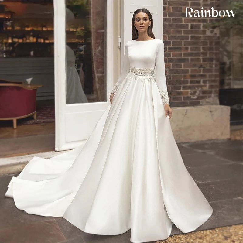

Romantic Wedding Dress Fully Satin With A-Line Ball Gown Full Sleeve O-Neck Customized Bridedress Zipper Vestido De Novia Sashes