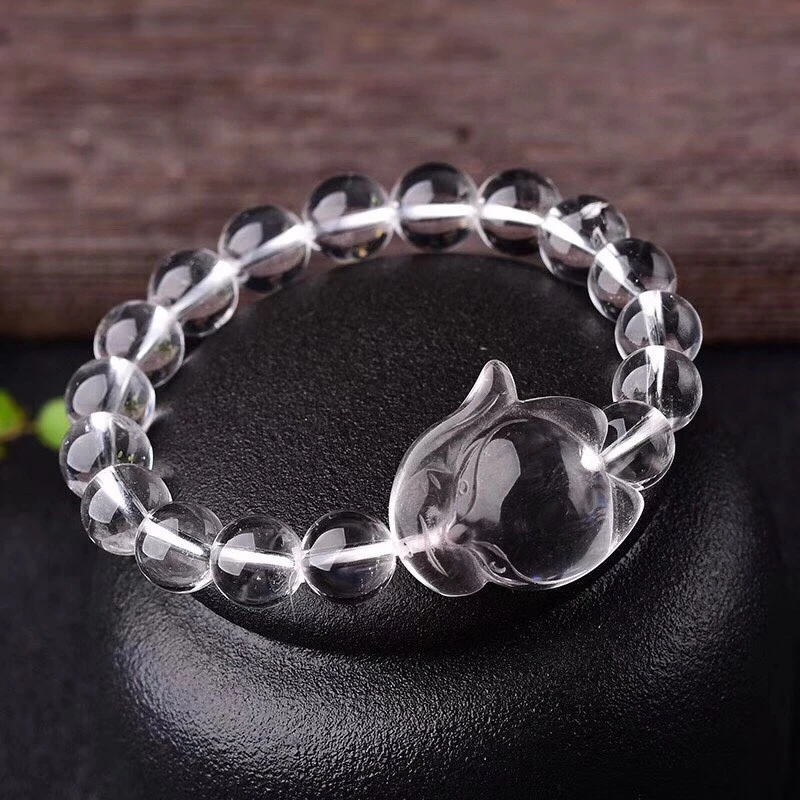 

10MM Natural Clear Quartz Fox Fairy Bracelet Fashion Reiki Gemstone Round Beads Jewelry Couple Gift 1PCS