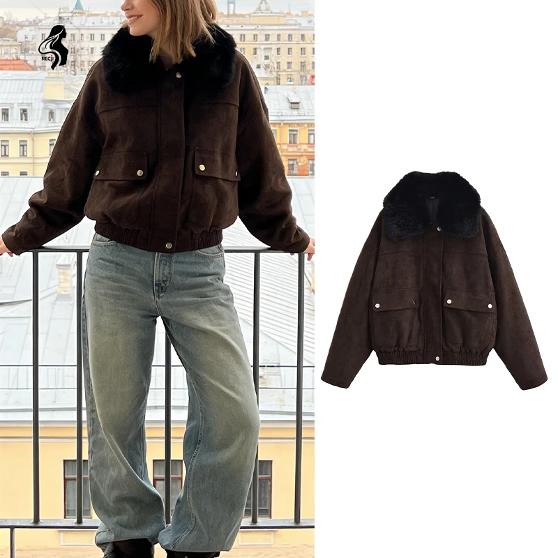 

Womens Plush Collar Jacket With Workwear Pockets And Zipper Short Style Autumn Winter Vintage Commuter Jacket Women Winter Coats