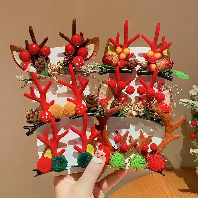 2 個クリスマス枝角ヘアクリップペンダントクリスマス装飾品メリークリスマス装飾女の子のためのトナカイヘアアクセサリー新年あけましておめでとうございます