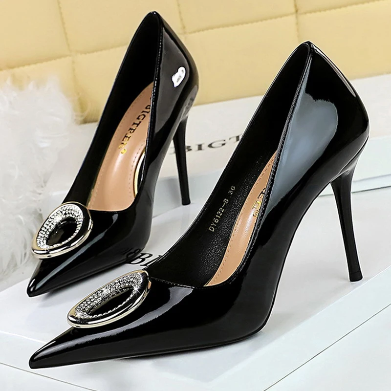 BIGTREE Shoes Red Women Pumps Metal Buckle High Heels Stilettos Luxury Banquet Shoes Patent Leather Female Heels Plus Size 43