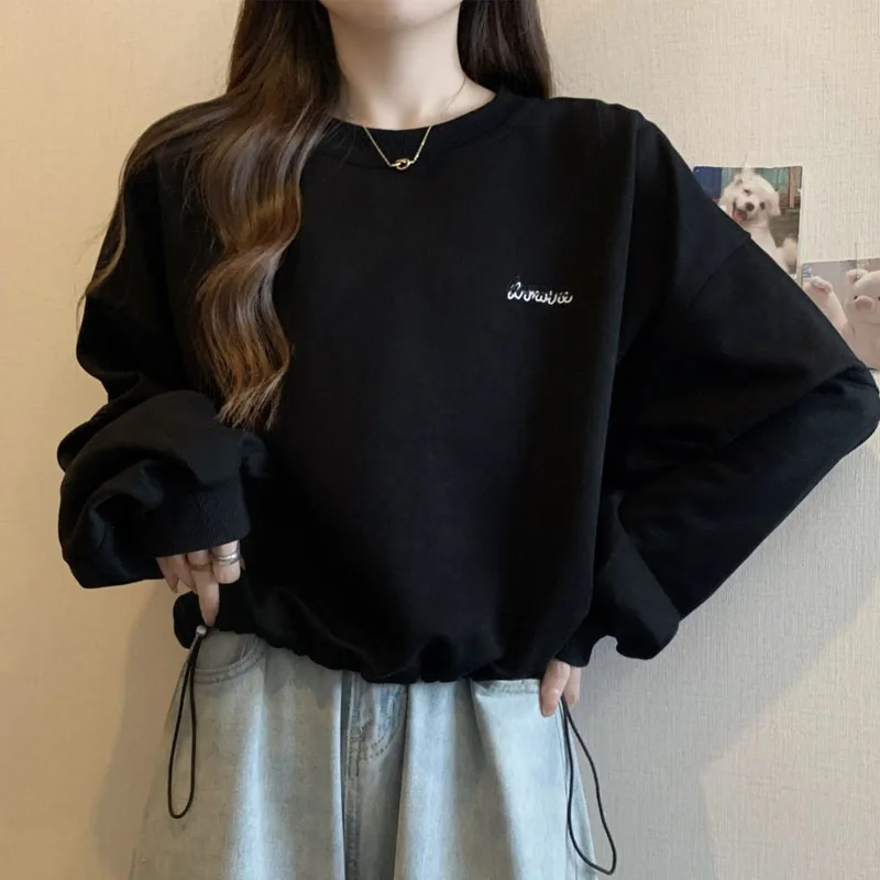 New Spring and Autumn Fashion Korean Edition Pull Cord Round Neck Large Loose Versatile Slim Thin Women\'s Long Sleeve Sweater