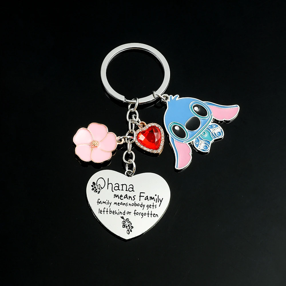 Cute Cartoon Disney Stitch Keychain Ohana Means Family Stitch Stainless Steel Pendant Key Chain Christmas Gift