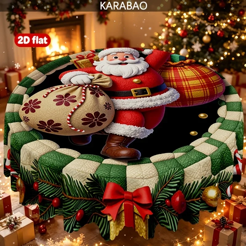 Santa Claus Gift Bag Wreath Pattern Round Tablecloth, Red and Green Checkered Trim, Holiday Decoration,
