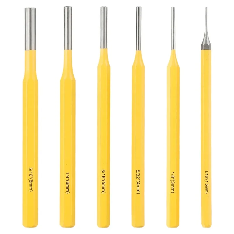 Quick needle pulling drive pin for hunting carpenters, 6PCS rolling pin punching chisel set, 1/8 3/16 1/4 5/16 5/32 1/16 inches