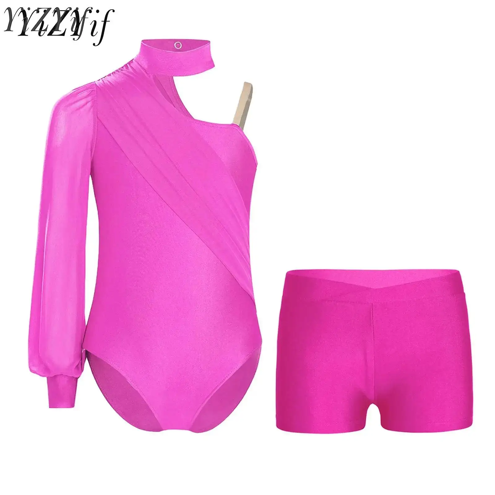 criancas-meninas-conjuntos-de-danca-ballet-mangas-compridas-ginastica-treino-dancewear-malha-ruched-collant-com-boxer-shorts-desempenho-traje