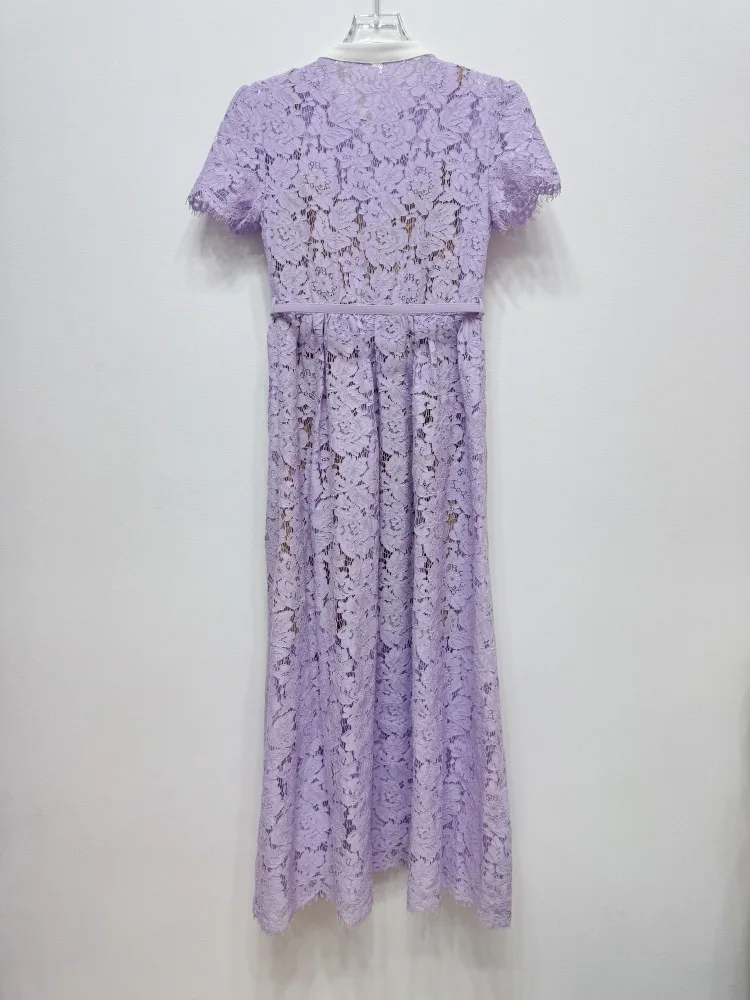 Lace Long Dress 2025 Summer Party Events Women Pocket Belt Patchwork Button Front Short Sleeve Purple Elegant Maxi Dress Prom