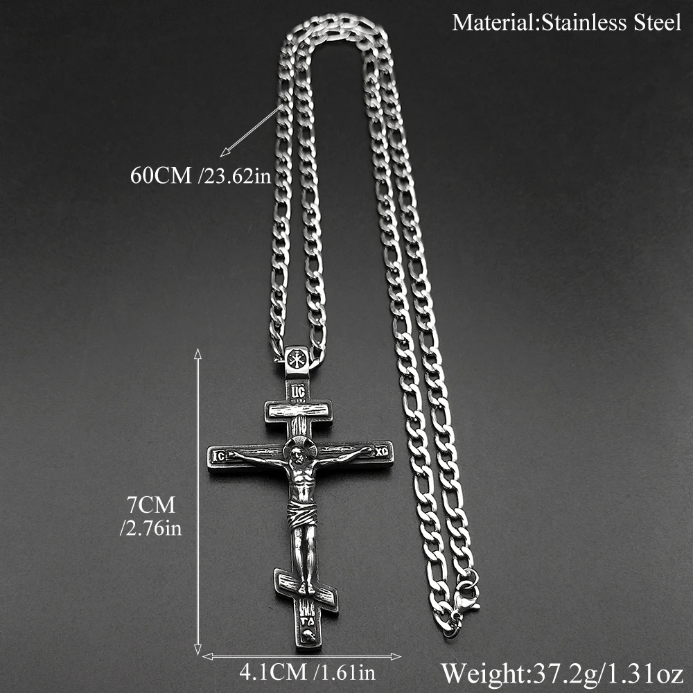 Vintage Orthodoxe Jesus Kreuz Anhänger Halskette für Frauen Männer Silber Farbe Edelstahl Kruzifix Taufe Hip Hop Kette Schmuck – Detail 3