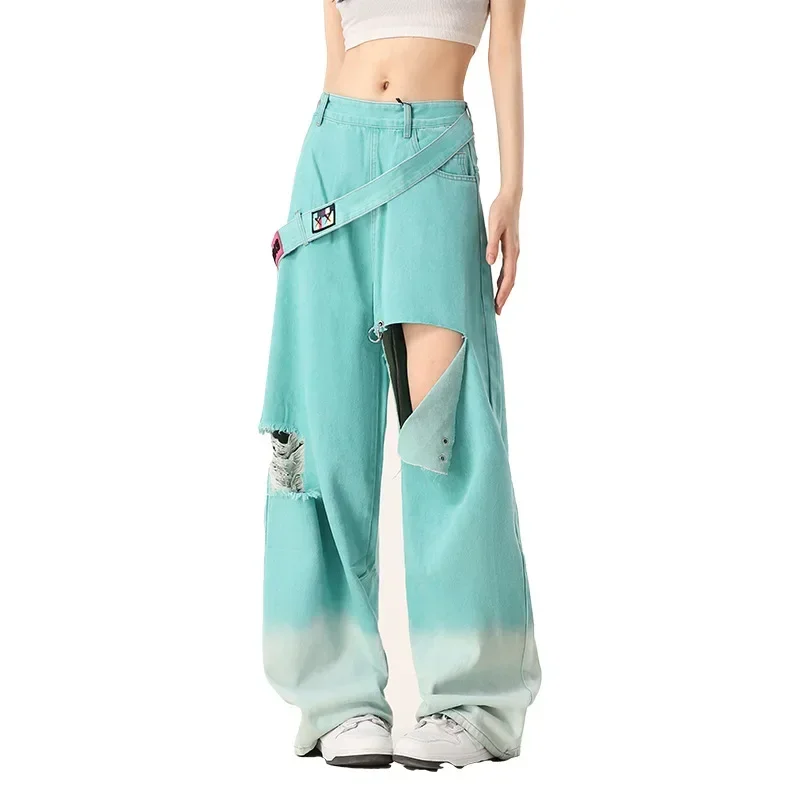 Broken Hole Jeans Female Spring and Fall New High-waisted Fashion Loose Straight Wide-legged Long Pants Women Baggy Jeans Women