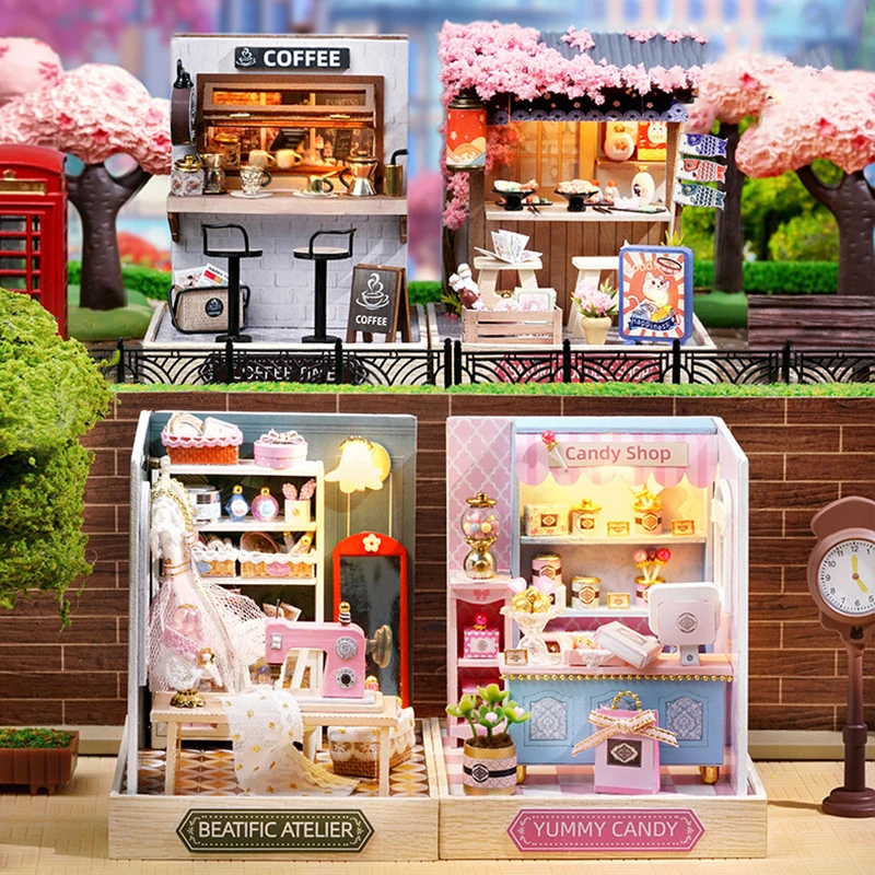 

Mini Coffee House Wooden Dollhouse Casa Sakura Noodle Shop Studio Miniature Furniture Kit DIY Assemble Toys Children Adult Gift