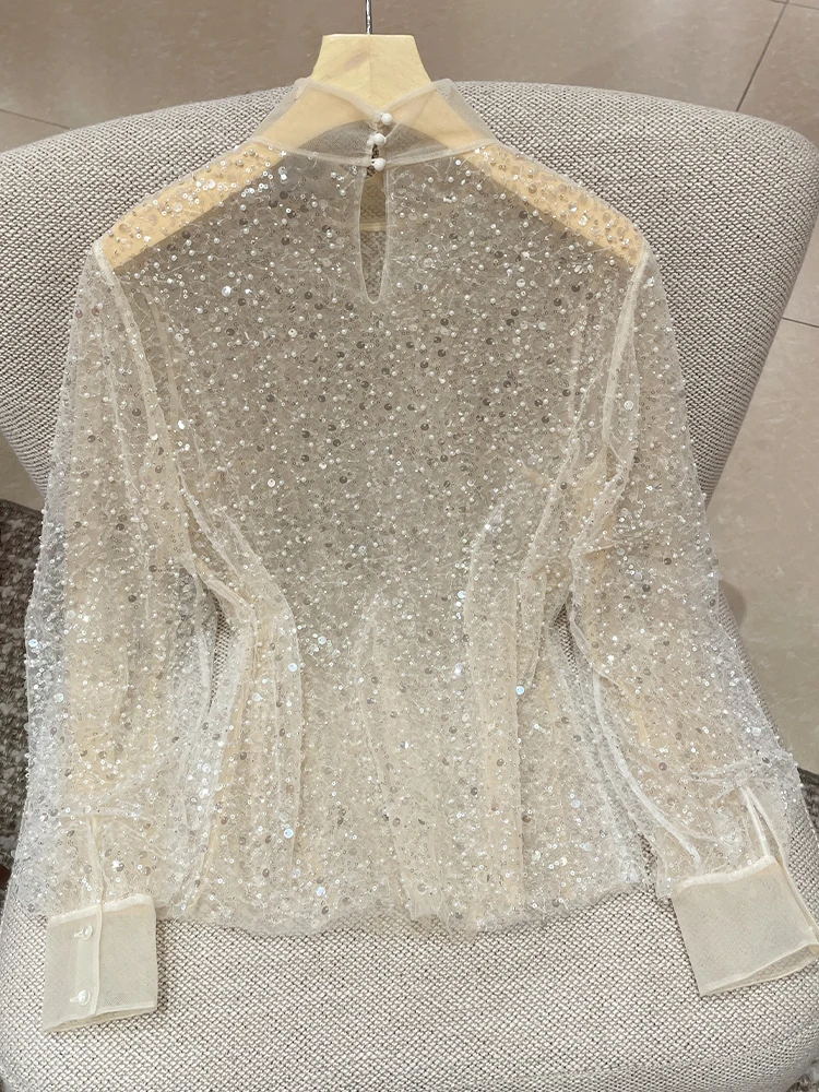 Beading Sequined Bottoming Shirt Mesh Luxury Women Fashion Stand Collar Long Sleeve Blouse See Through Female Tops Trend