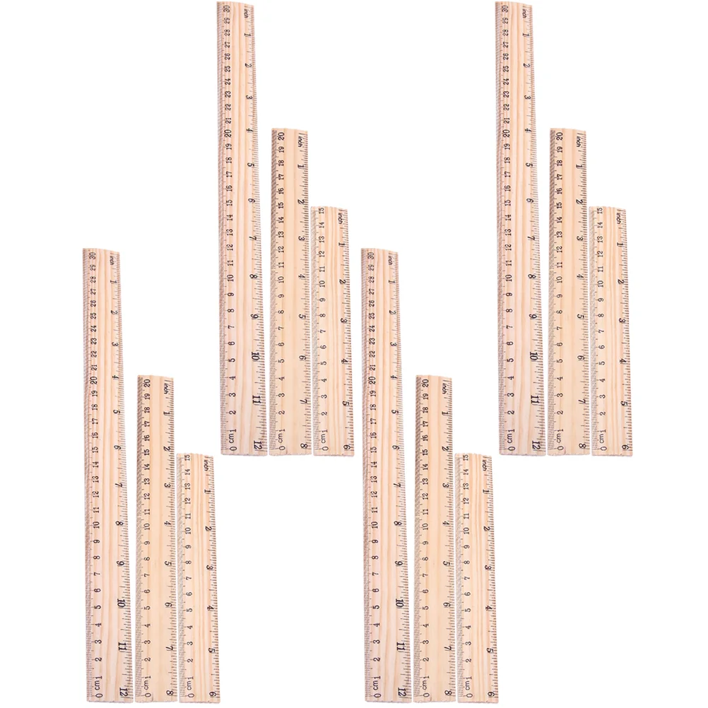 12 Pcs Wooden Rulers 15cm 20cm 30cm Single Sided Double Scale Student School Drawing Measuring Tool Classroom Office Supplies