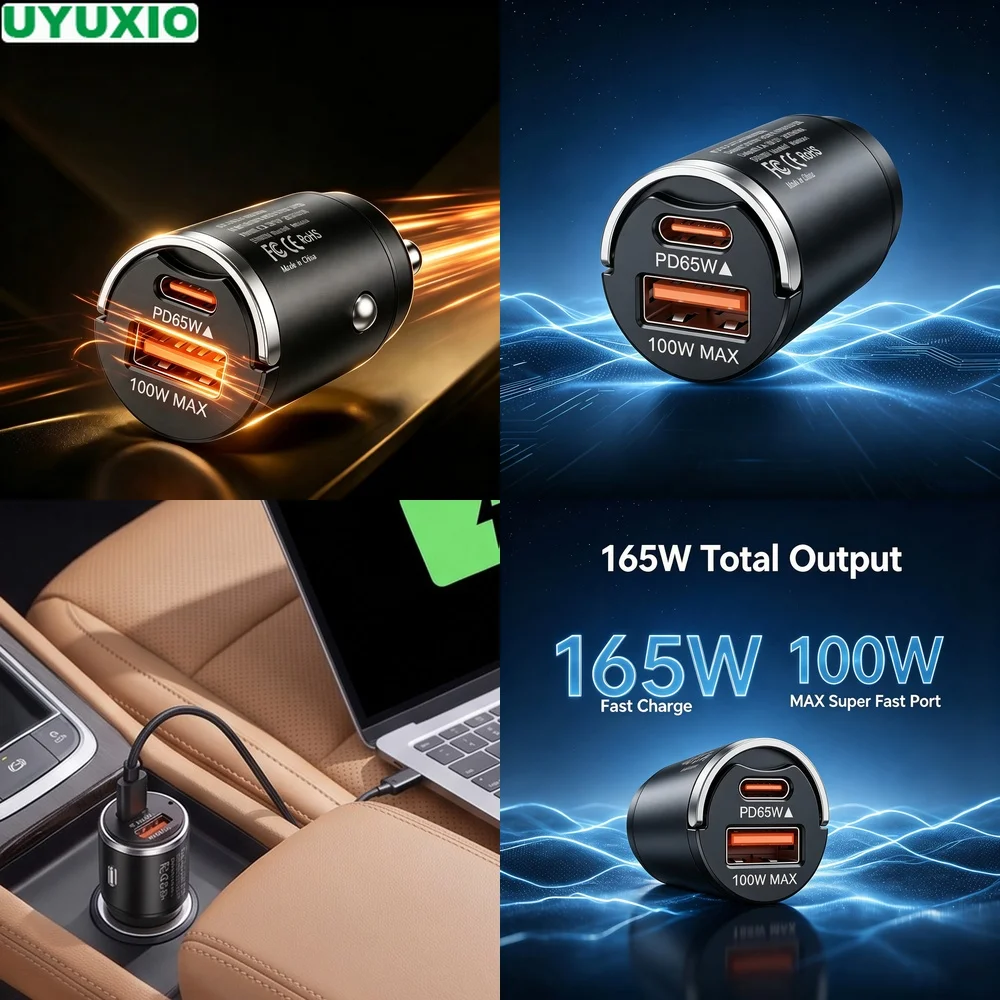 165W Rapid Charge Car Charger Ultra Compact Flush Mount Design PD 65W Type C and 100W USB A Power for Cars Trucks SUVs and Vans