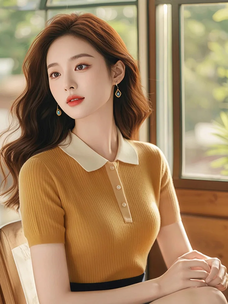

Summer Dopaamine Short Sleeve T-Shirt Women's Fashion Color Block Shirt Sweet Shoulder Line Korean Style Casual Top