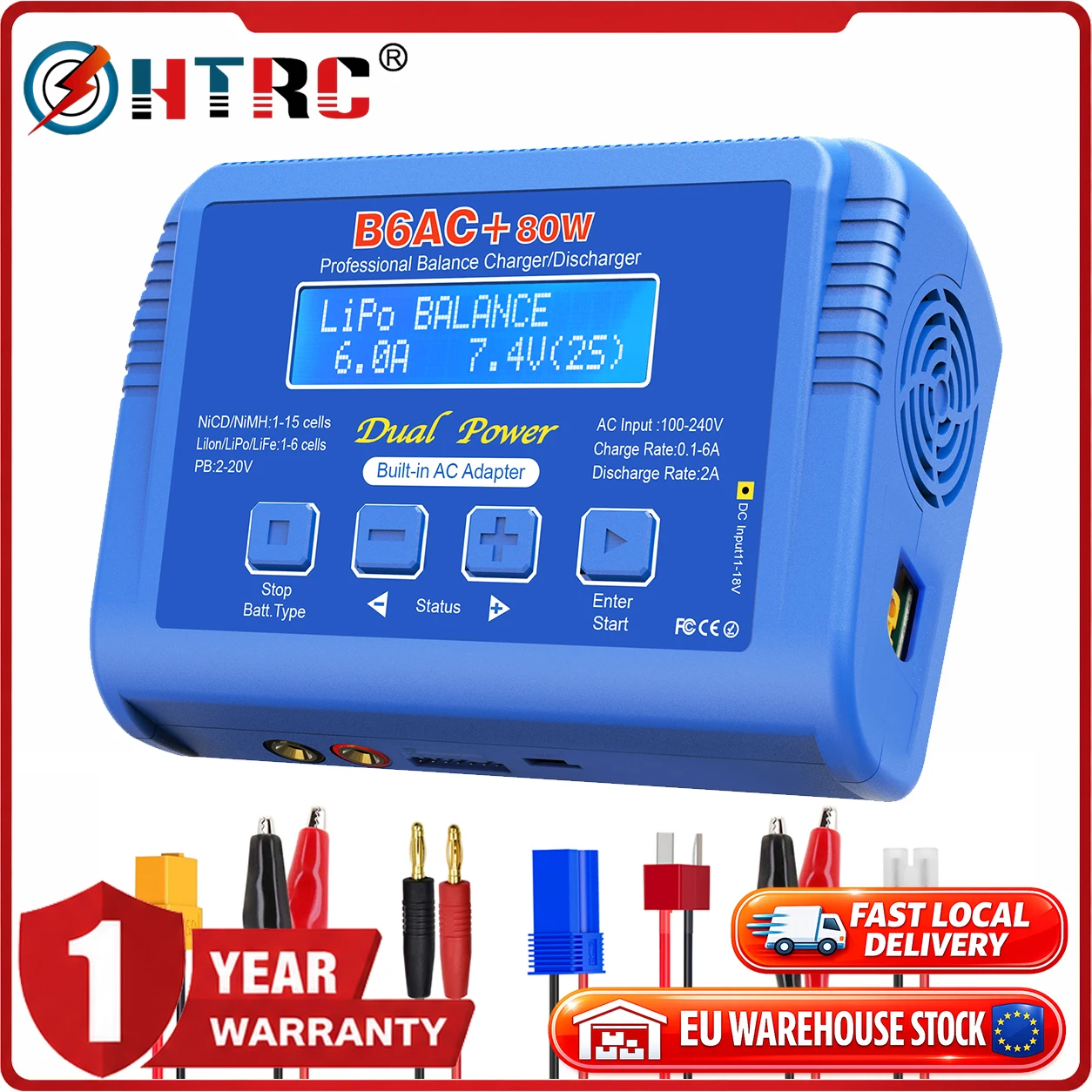 HTRC B6AC 80W Lipo Battery Charger RC Balance Smart Digital Charger for 1S-6S LiPo Life Li-ion 1-15S NiCD NiMH PB Smart Battery