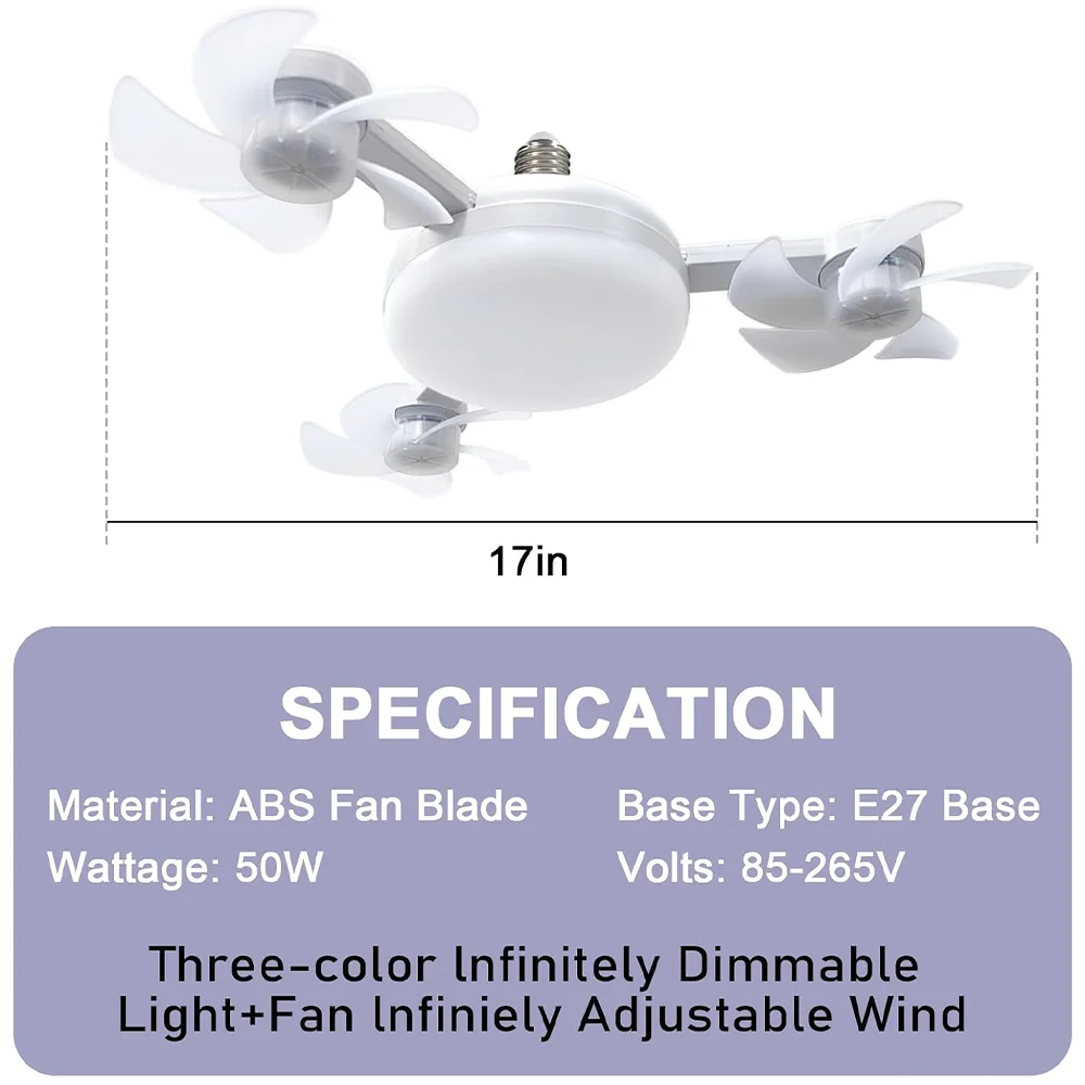Socket Fan Light with Remote Light Bulb Fan with Dimmable LED, 3-Speed Easy Install for Bedroom, Kitchen, Working Space