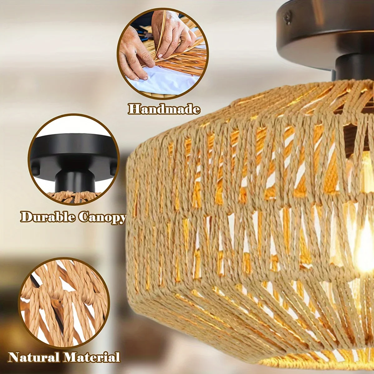 Boho Semi-Flush Mount Ceiling Lamp-Coastal Woven Hemp Rope Cage Retro Rustic Wicker Fixture for Bedroom Hallway Entryway Kitchen