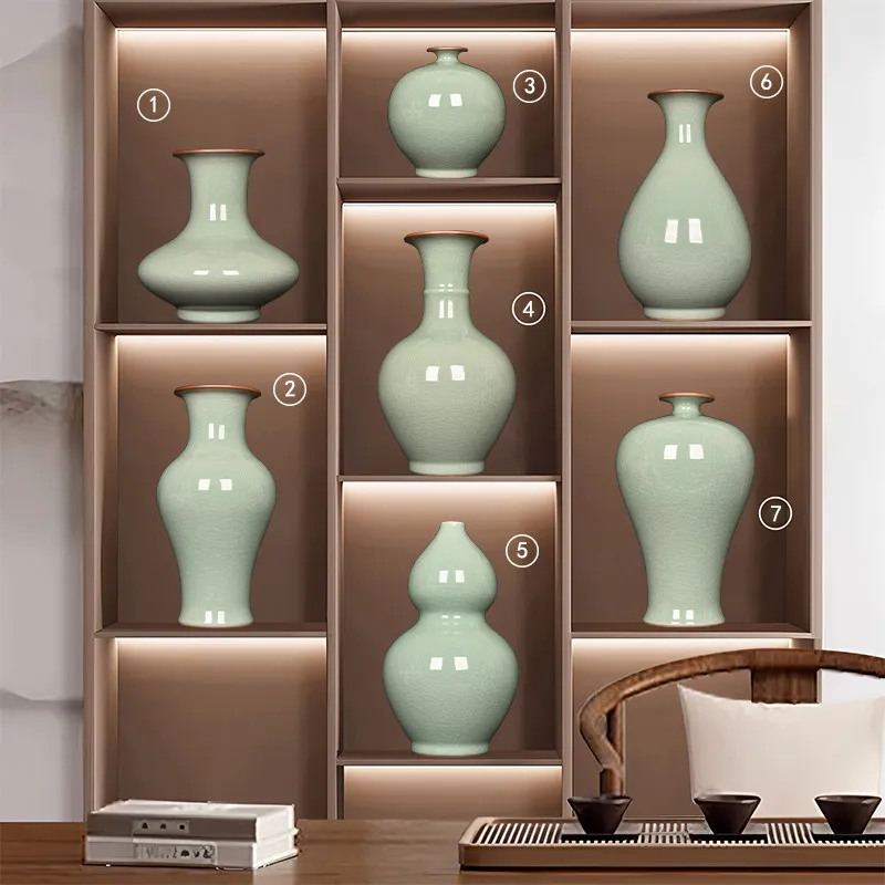 YFY Jingdezhen Ceramics Antique Official Kiln Green Glaze Opening Crack Vase Bogu Frame Living Room Entrance Office Ornament