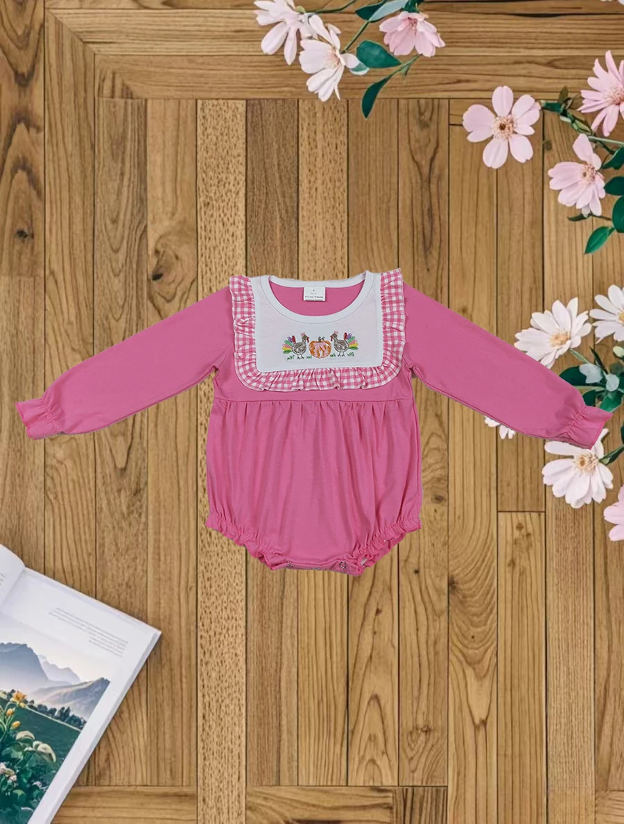 

9.10 Baby Winter Rompers Baby Girls Pink Thanksgiving Turkey Pumpkins Ruffle Rompers