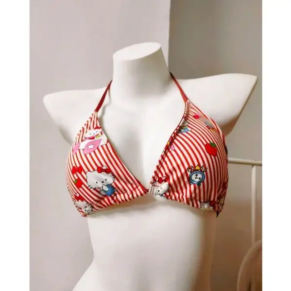 Cute Hello Kitty Striped 3 Piece Bikini Set Women Kawaii Halter Triangle Swim Top Side Tie Bikini Bottom Matching Mini Skirt view 3