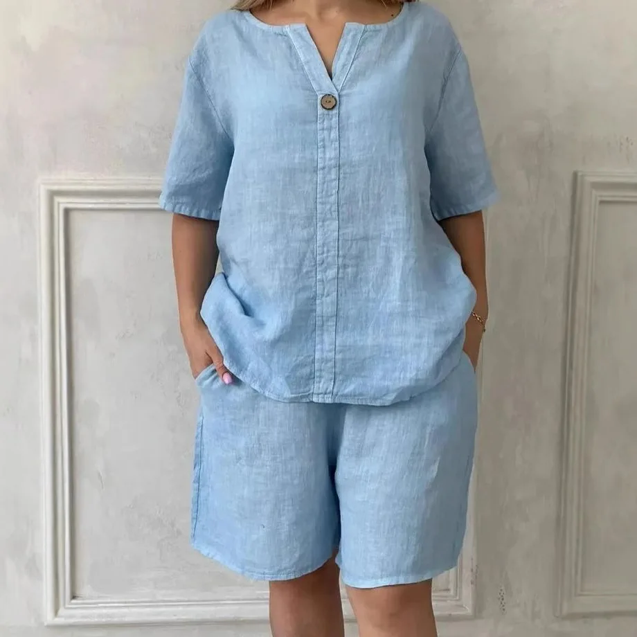 

New Women's Fashion New Cotton and Linen Loose Suit V-neck Short Sleeved Top Elastic Waist Wide Leg Shorts Two-piece Set 2025